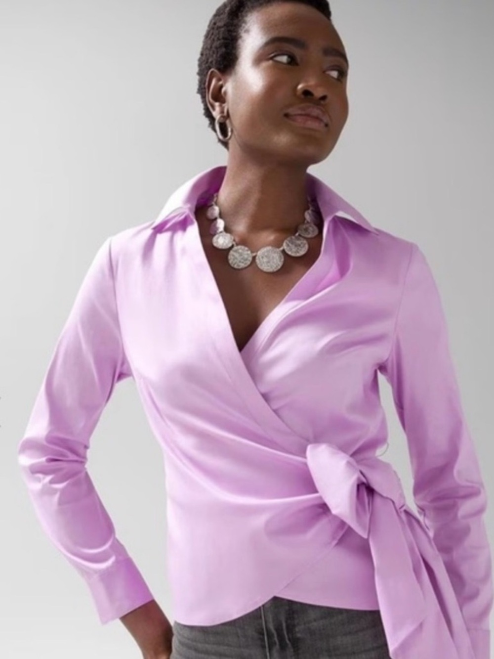 White House Black Market Long Sleeve Wrap Shirt/Top In Lilac Size 10